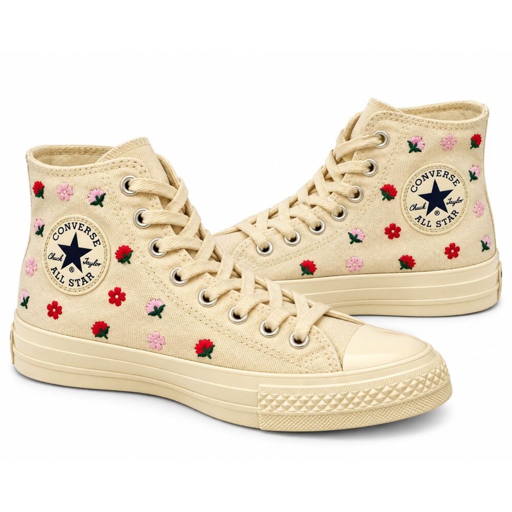 Converse Chuck Taylor All Star High Top Beige Floral Embroidered Shoes Womens